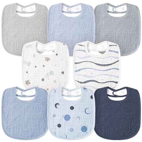 Susurration Muslin Baby Drool Bibs 8Pack Soft Square Adjustable Baby Bandana Bibs for Unisex Girls & Boys (Blue Star)