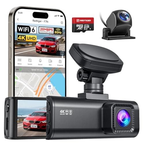REDTIGER F7N Dash Cam 4K Front and Rear 1080P, 5.8GHz WiFi-20 MB/s Fast Transfer, 2160P/FHD Car Dash Camera with 64GB Card, 3.18" Screen, Smart App Control, Precise GPS, Night Vision, 24H Parking Mode
