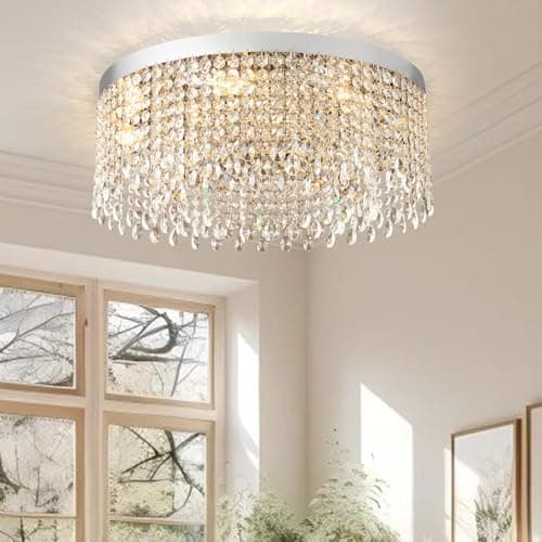 Axamate Modern Crystal Chandelier for Dining Room Round Raindrop Chandeliers for Living Room Flush Mount Ceiling Light Fixture for Bedroom (Chrome) 24 inch, RYX-6006LS-2312C