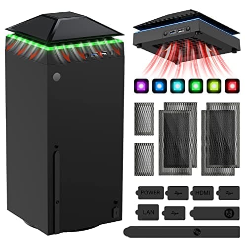 Cooling Fan Dust Proof for Xbox Series X Console with Colorful Light Strip, MENEEA Dust Cover Filter,Rubber Dust Plugs,Low Noise Top Fan with 3 Gears,Cooler&Light Independent Touch Switch,2 USB Port