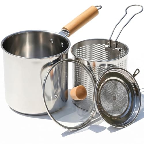2 in 1 Deep Frying Pot (3L) with Basket, Oil Strainer and Glass Lids, Large 304 Stainless Steel Deep Fryer Cooking Pot, Oil Fryer Bacon Grease Container for Kitchen, Frying, Cooking-Dishwasher Safe