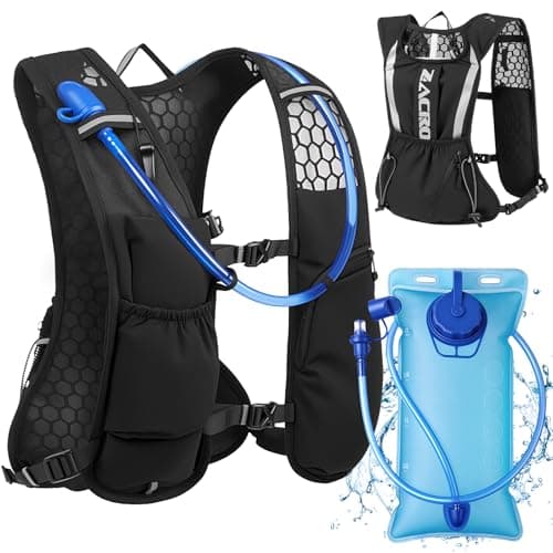 Zacro Running Vest for Men Women, Lightweight Hydration Vest with 2L Water Bladder, Adjustable No Bounce Fit, Breathable Reflective Vest for Marathon, Trail, Hiking, Cycling