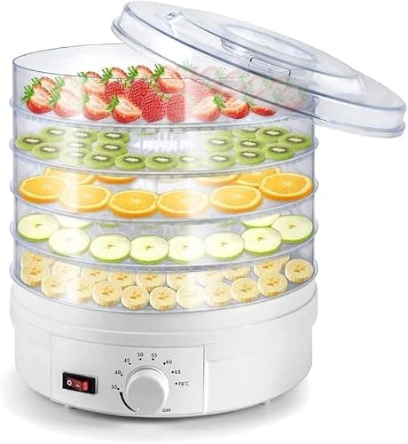 Food Dehydrator Electric Fruit Dehydrator with 5 Stackable Trays BPA Free, Adjustable Thermostat, Electric Food Preserver for Meat or Maker, Vegetables, Herbs, Nuts. (White3)