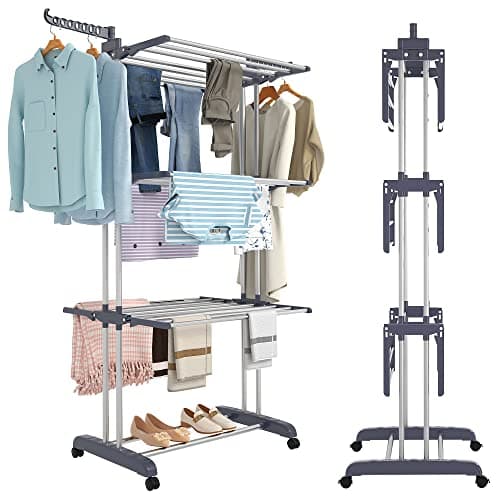 Foldable Clothes Drying Rack,4-Tier Clothes Hanger Large Adjustable Stainless Steel Garment Laundry Racks Folds Flat for Easy Storage