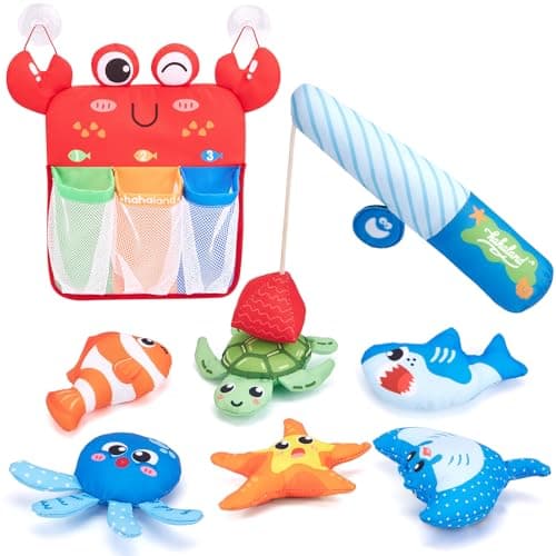 hahaland Bath Toys for Toddlers 1-3, Montessori Fishing Bath Toy Set, Soft Bathtub Fishing Game with 6 Colorful Ocean Animals & Fishing Pole, 1 2 Year Old Baby Water Pool Toys with Suction Storage Bag