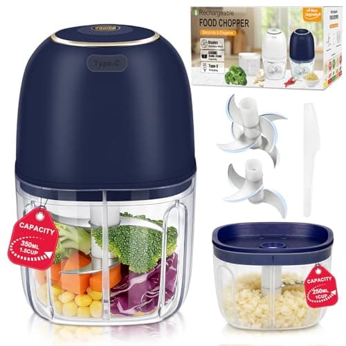 Portable Electric Garlic Chopper, 2 Bowls(1 Cup&1.5 Cup) Cordless Mini Food Processor【Up-Durable Motor】【2 Sets 304 Stainless Steel Blade】Grind for Garlic,Onion,Meat,Baby Food,BPA FREE (Blue)