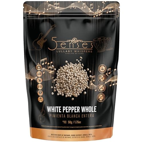 5Senses Lullaby Whispers White Pepper Whole from Western Ghats | Lullaby Whispers | Non-GMO, Kosher 100% Natural | 4000 years of history (50g/1.75oz)