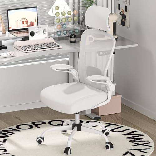 Mimoglad Office Chair, Comfy Desk Chair, High Back Ergonomic Computer Chair with Lumbar Support & Headrest, Flip-up Armrests for Guitar Playing, Swivel Task Chair (Modern, Ivory White)
