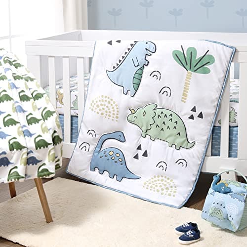 The Peanutshell 5 Piece Baby Crib Bedding Set for Boys - Newborn, Infant & Toddler Nursery Bed Set Decor with Fitted Crib Sheets, Blanket, Dust Ruffle Comforter - Blue Dino