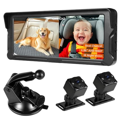 Ecoyoca Baby Stroller Camera for 2 Kids 1080P Split Screen Monitor Dual Cam Rear Camera IR Night Vision 360° Rotatable Back Seat Screen Car Seat Mirror Replacement (0079 with 6.8" Monitor)
