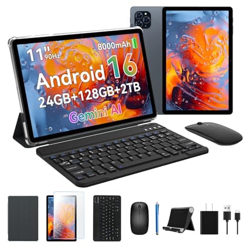 Tablet, Update Android 16 Tablet with 11 Inch FHD Display, 24GB RAM 128GB ROM /2TB TF, T615 Octa-Core+13MP Camera, 8000mAh, Widevine L1, 3 in 1 Tablets with Keyboard Mouse Pen, 4-Year Warranty