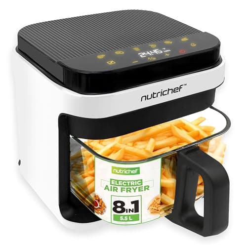 Nutrichef 5.8 Quart Air Fryer | 8-1 Preset Cook Modes | Transparent Fry Bowl for Best Cooking Results | Cook Shrimp, Steak, Fries, Wings, Chicken & More | Precise Temperature Control & Time | White