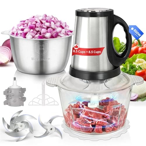Electric Food Processor -2 Bowls (8.5Cups+8.5Cups) 【800W Pure Copper Motor】Electric Food Chopper 2 Sets SUS 304 Blade,Meat Grinder for Meat, Vegetable, Garlic, Onion, Baby Food (Black)