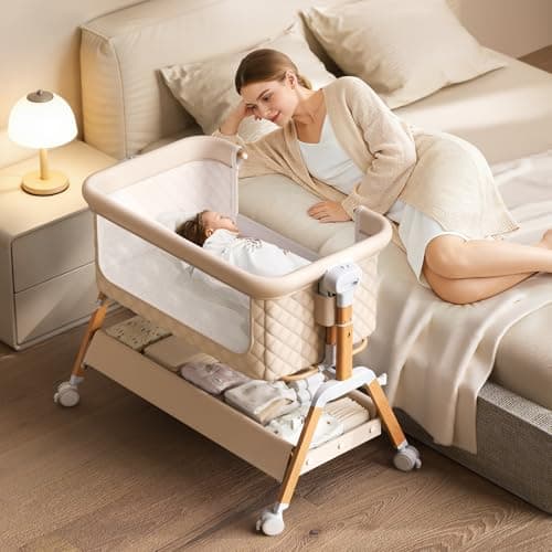 3 in 1 Baby Bassinet,Bedside/Rocking Bassinet for Baby with Waterproof Comfy Mattress and Wheels,7 Adjustable Height Baby Bassinet Bedside Sleeper, Easy Folding Portable Crib for Newborn (Khaki)
