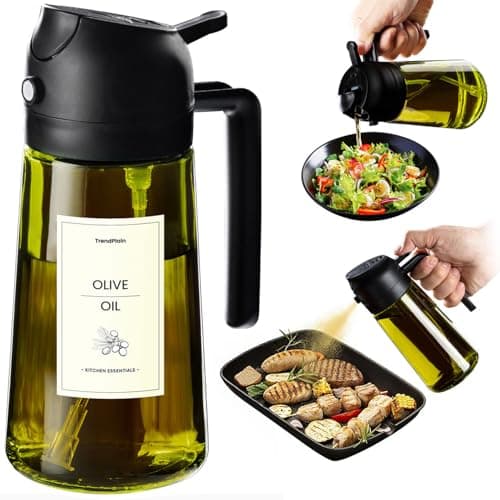 TrendPlain 470ml Olive Oil Dispenser Bottle for Kitchen Gadgets - 2 in 1 Dispenser and Sprayer - Olive Oil Spray Bottle w/Stickers (Light Blockage) - BPA Free - Black