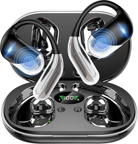 Open Ear Wireless Earbuds, Sports Bluetooth Headphones with Real Time Translation, 80Hrs Playtime with LED Power Display, Noise Canceling Headset, IP55 Waterproof Earphones for Workout/Running