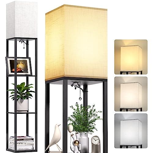 CNXIN 4 Tier Floor Lamp with Shelves, Shelf Floor Lamp for Living Room with 3 Color Temperature, Modern Storage Wood Standing Lamp with Linen Shade for Living Room, Bedroom, Office(Black)