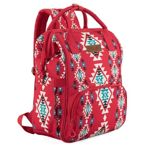 Wrangler Aztec Backpack Organized Daypack Travel Baby Bag with Stroller Strap and Side Bottle Pockets, Angel Burgundy, One Size, Daypack Backpacks