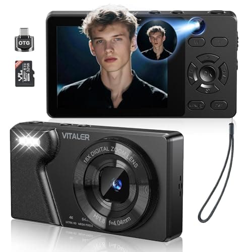 Vitaler Digital Camera with Front Rear Lens, Autofocus 4K Camera for Photography with 32GB Card, Portable Compact Point and Shoot Camera for Teens Beginner with Metal Shell, 2000mAh Battery, 64MP