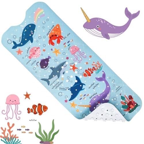 Baby Bath Mat for Tub Non Slip Bathtub Mat Fast Drain Shower Mats for Toddlers and Kids 100 x 40 cm Cute Bath Mats with Suction Cups and Drain Holes, Marine Animals