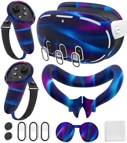 YRXVW Silicone Cover Set Compatible with Oculus/Meta Quest 3, Touch Controller Grips Cover, VR Shell Cover, Facial Interface Cover, Protective Lens Cover, Tempered Glass Lens Caps (Aurora Blue)