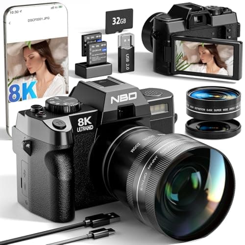 NBD 8K Digital Cameras for Photography,64MP Camara Fotograficas,Travel Vlogging Cameras for YouTube with 180°Flip Screen,16X Digital Zoom,52mm Macro Lens,2 Batteries,32GB TF Card (Black)