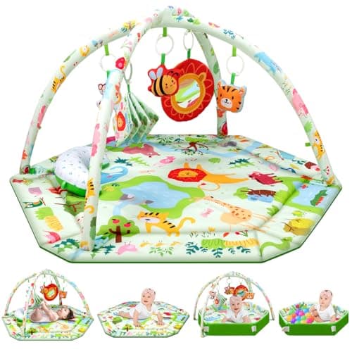 Baby Play Mat,Tummy Time Mat with 6 Detachable Toys-Activity Gym for Visual, Auditory & Motor Development-Washable Baby Activity Mat for 0-12 Month Infants(Animal Theme)