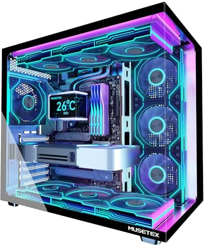 MUSETEX Y6 PC Case, Pre-Installed 7 Infinity Mirror PWM ARGB Fans, ATX Mid Tower Computer Case, Gaming PC Case with Type-C, 270° Full View Tempered Glass, Black