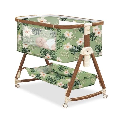 Baby Bassinet Bedside Sleeper - 3 in 1 Bassinets with Unique Plant Printing, 7 Adjustable Height Bedside Bassinet for Baby Newborn Infant, Easy to Move, Breathable Mesh, (Plant Printing)
