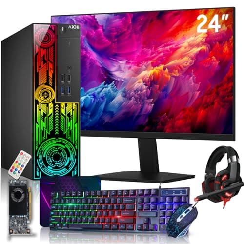 AXOII RGB Gaming PC Desktop Computer + 24 Inch FHD Monitor – Intel Core i7 up to 4.0 GHz, Radeon RX 550 4GB, 16GB DDR4, 512GB NVMe SSD, Wi-Fi, Headset, Windows 11 Pro (Renewed)