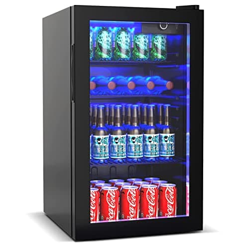 COSTWAY 120 Can Mini Beverage Fridge, Freestanding Beverage Refrigerator Cooler with Glass door, Removable Shelves for Soda Beer Wine, Small Drink Bar Fridge for Home Living Bedroom, 3.2 Cu.Ft
