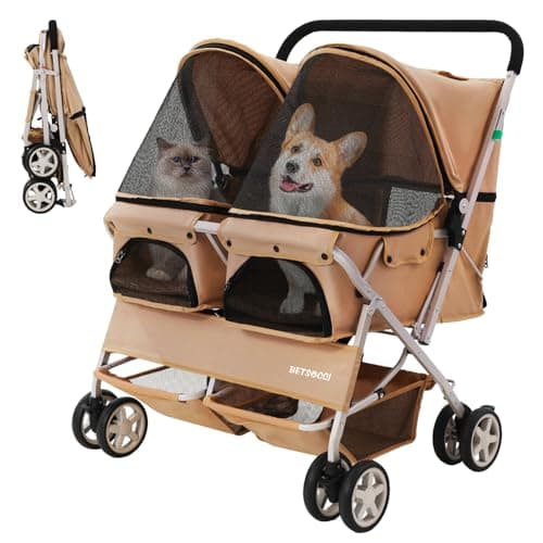 Double Pet Stroller for 2 Small Dogs & Cats, Side-by-Side Twin Travel Carriage with Safety Leashes, Mesh Windows & Double Storage Baskets, Lightweight & Foldable, 44lbs Capacity