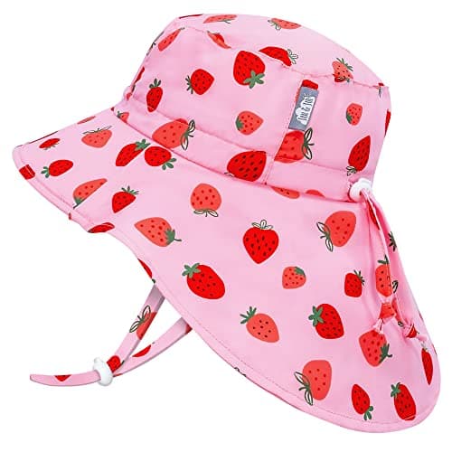 Jan & Jul Grow-with-Me Wide Brim UPF Hat for Toddlers with Neck Flap (M: 6-24 Months, Pink Strawberry)
