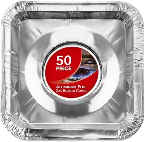 Disposable Gas Burner Liners (50 Pack) Aluminum Foil Square Gas Stove Burner Covers - 8.5 Inch Gas Range Protector, Stove Top Covers for Gas Burners, Foil Liners to Catch Oil, Grease, and Food Spills