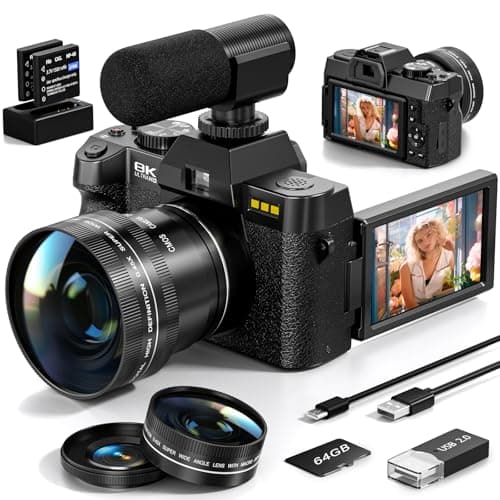 8K Digital Cameras for Photography, 64MP vlogging Camera with 180°Flip Screen,2 Batteries, 64GB TF Card,16X Zoom, WiFi,Microphone, Wide & Macro Lens Kit (Black)