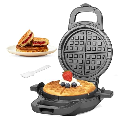 SugarWhisk Stuffed Waffle Maker, 6" Waflera Electrica with 5.5" Removable Waffle Ring, Round Deep Dish Waffle Iron, Non-stick Flip Waffle Maker, Brush Included, Graphite