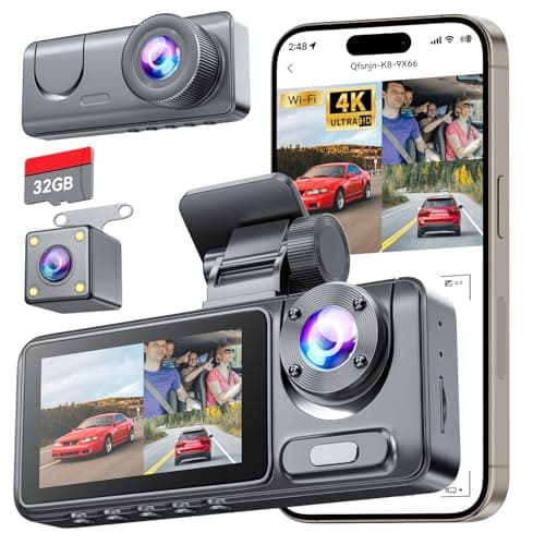 Dash Cam Front and Rear Camera, 4K HD 3 Channel Dash Camera for Cars with 32GB Card, Dash Cam with Night Vision, 2.0'' IPS Screen Dashcam with G-Sensor, 24H Parking Mode, Loop Recording, Gray