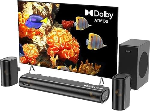 Hiwill 4.1ch Dolby Atmos Soundbar, 300W Sound Bar for TV with Subwoofer, 2 Front Surround Speakers, 3D Surround Sound System for TV, Adjustable Bass & Treble, Home Theatre Sound System, HiElite A41