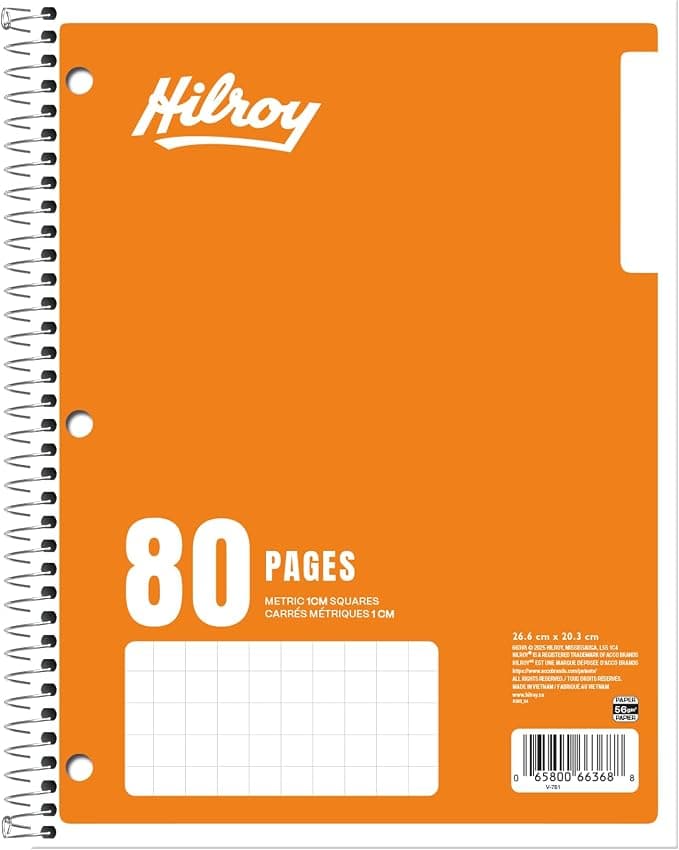 Hilroy 1-Subject Coil Notebook, 8" x 10.5", Metric Graph Ruled with 1 cm-Square Ruling on Front and Plain Ruling on Back, 80 Pages/40 Sheets, 3-Hole Punched, 1 Notebook, Orange Cover (66368)