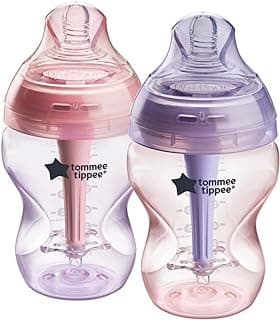 Tommee Tippee Advanced Anti-Colic 9 oz BPA Free Baby Bottles, Newborn 0+ Months, Slow Flow Breast-Like Nipple, Unique Design Keeps Air Away From Milk and Baby, Pink and Purple, Pack of 2