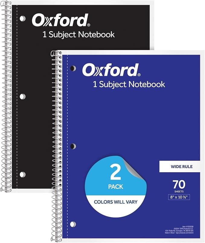 Oxford Spiral Notebooks, 2 Pack, 1 Subject, Wide Ruled Notebooks for School, 8 x 10.5 Inches, 70 Sheets, Assorted Colors, Back to School Supplies (1002539)