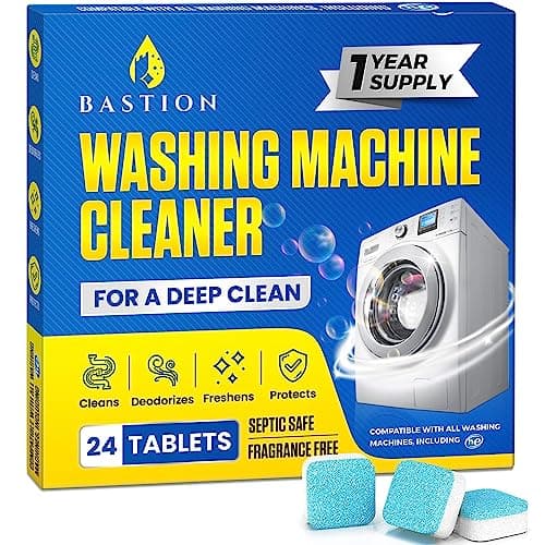 Bastion Washer Cleaner Tablets - 24pk, Powerful Descaler, Deep Cleaning for HE Front & Top Load, Septic Safe, Eco-Friendly Deodorizer, 12-Month Supply, Extends Machine Lifespan