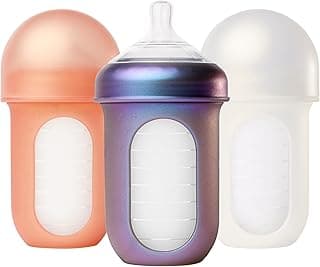 Boon Nursh Reusable Silicone Pouch Baby Bottles - Medium Flow Nipple - Silicone Baby Bottle Pouch and Nipple - Baby Feeding Essentials - Metallic - 3-6 Months - 3 Count - 8 Ounce