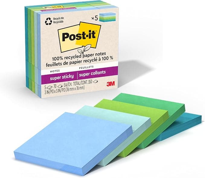 Post-it 100% Recycled Super Sticky Notes, 3 x 3 in, Pastels, 12 Pads | School Supplies and Office Products, 2X the Sticking Power