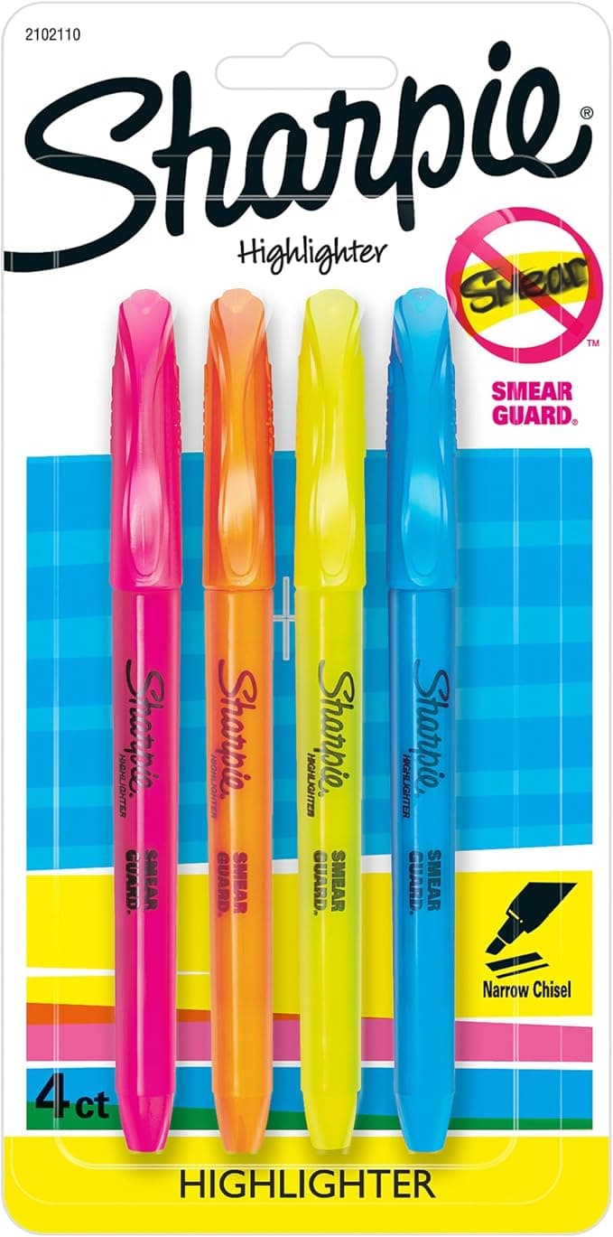Sharpie Pocket Highlighters, Narrow Chisel Tip, Assorted Colours, 4 Count
