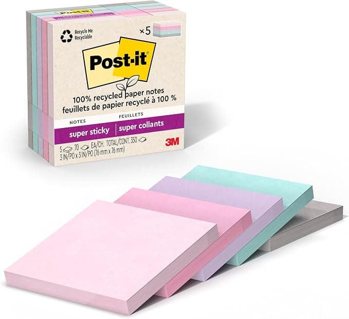 Post-it 100% Recycled Super Sticky Notes, 3 x 3 in, Pastels, 5 Pads | School Supplies and Office Products, 2X the Sticking Power