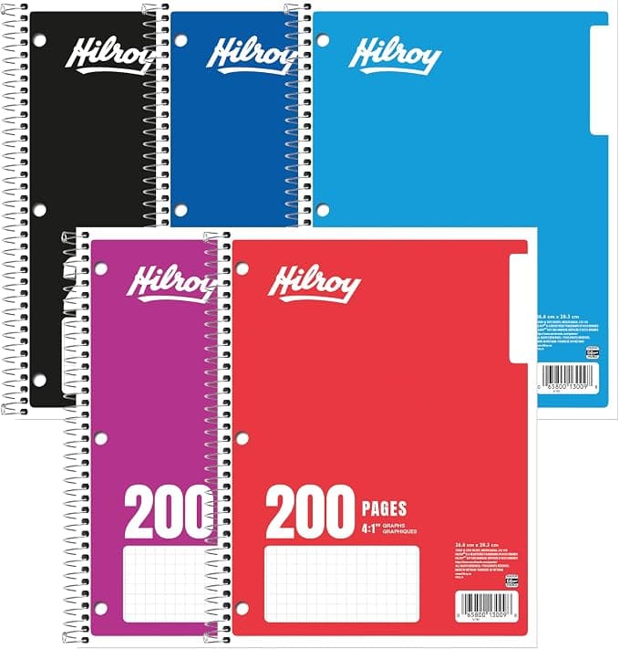 Hilroy 1-Subject Coil Notebook, 8" x 10.5", Quad Ruled Graph Paper, 200 Pages/100 Sheets, 1 Notebook, Colour May Vary (13009)