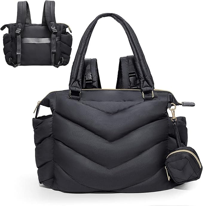 Diaper Bag Tote, Diaper Backpack with Pacifier Case, Lightweight Mommy Bag for Hospital,Puffer Tote Bag, Puffy tote with 10 Pockets, Convertible Baby Bag, Black
