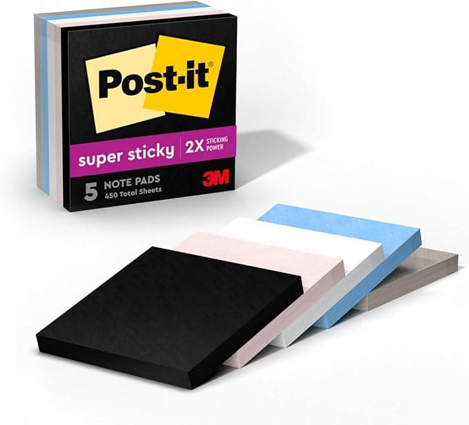 Post-it Super Sticky Notes, 3 x 3 in, Simply Serene, 5 Pads, 90 Sheets/Pad | School Supplies and Office Supplies, 2X the Sticking Power
