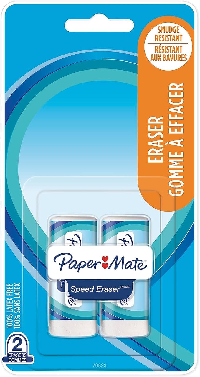 Paper Mate Speed Eraser, Smudge-Resistant and Latex-Free White Erasers, 2 Count